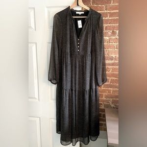 Loft Black Split Neck Tiered Midi Dress - New With Tags